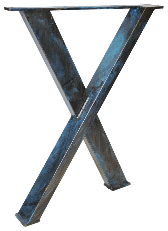 Pata de mesa de hierro en aspa con acabado de pátina azul