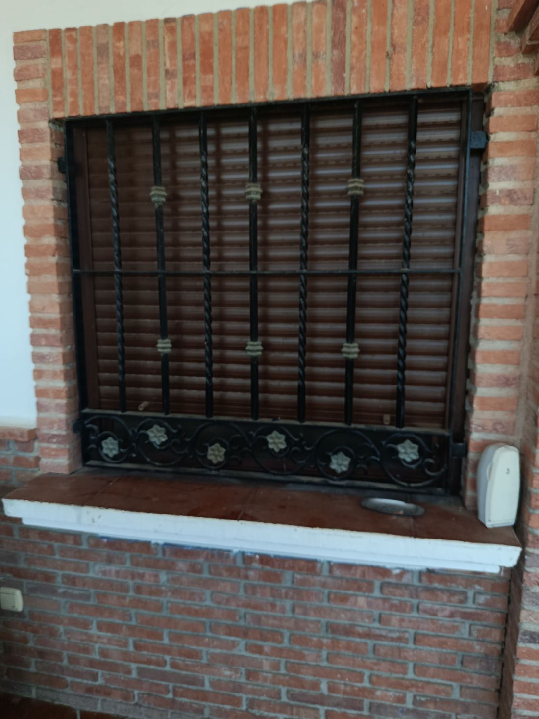 Reja de ventana de hierro forjado con barrotes torsionados y zócalo de rosetas
